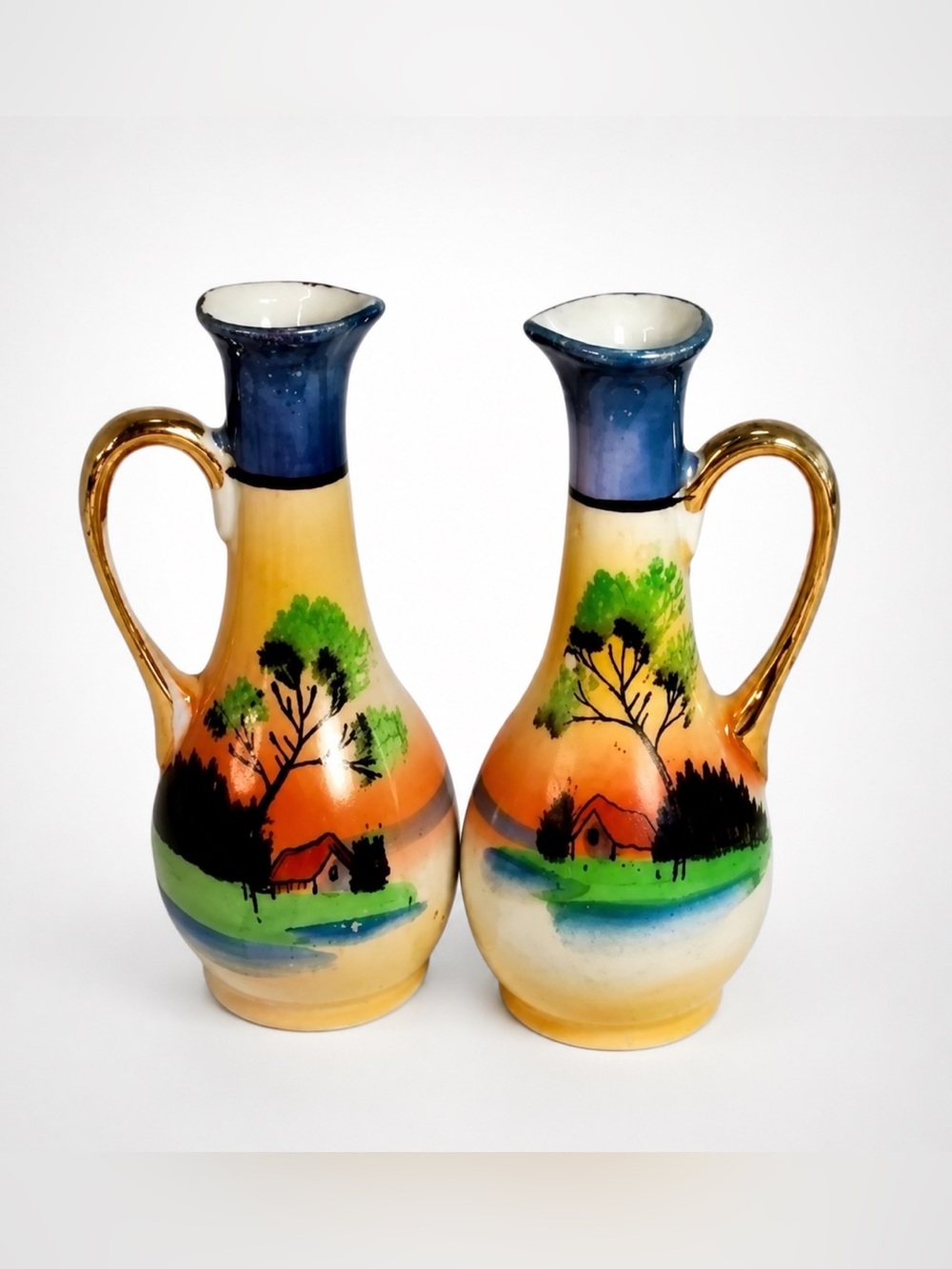 Vintage TT Japan Hand Painted Miniature Ewer Bud Vase Pair Cottage Scene